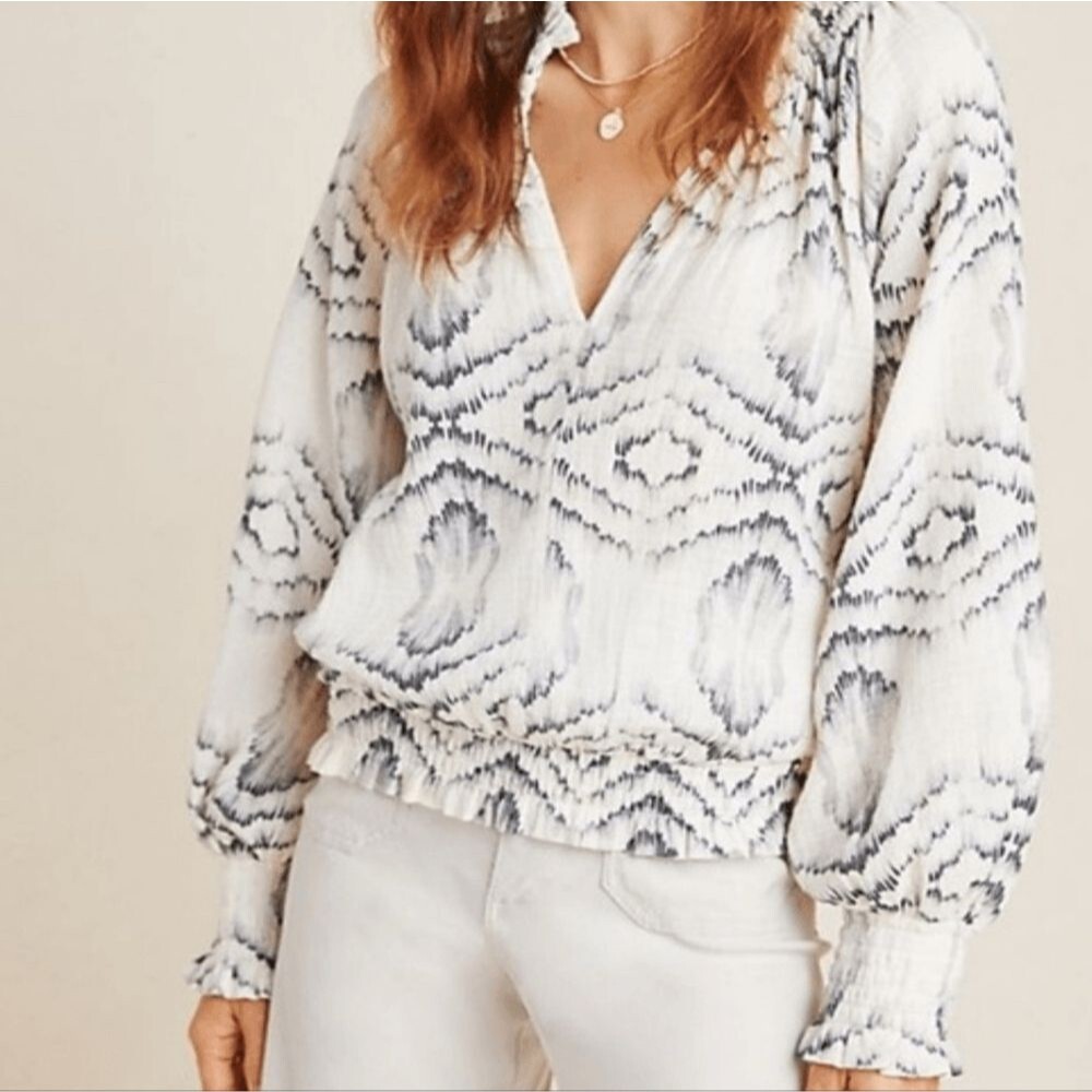 Anthropologie Cream and Gray Tie-Dye Inspired V-Neck Blouse